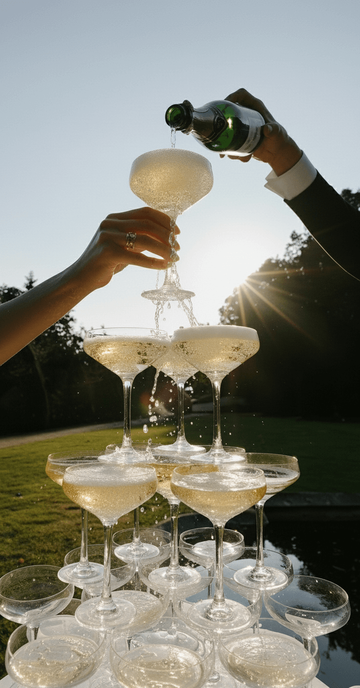 Two people are pouring champagne into a pyramid of champagne glasses outdoors during sunset.