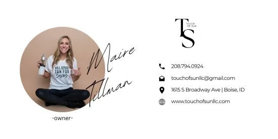 Business card with a photo of a woman holding a bottle, her name Maire Altman, contact information, and the logo Touch of Sun LLC.