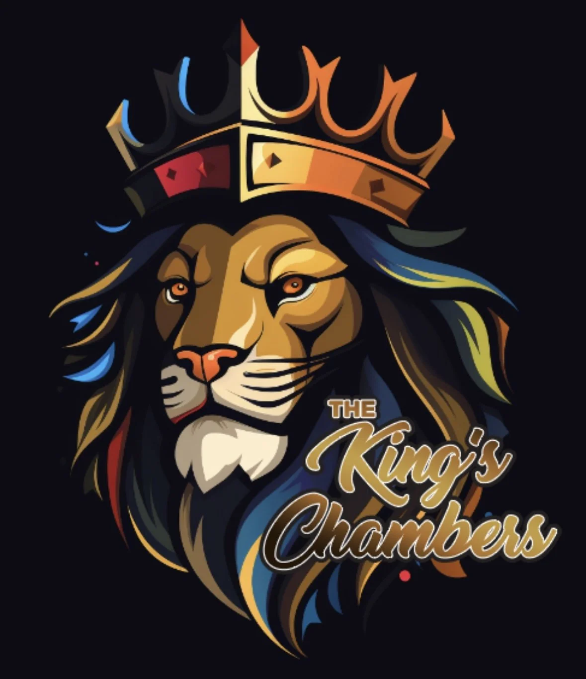 Illustration of a lion with a crown on its head, with the text 'The King's Chambers' beside it.