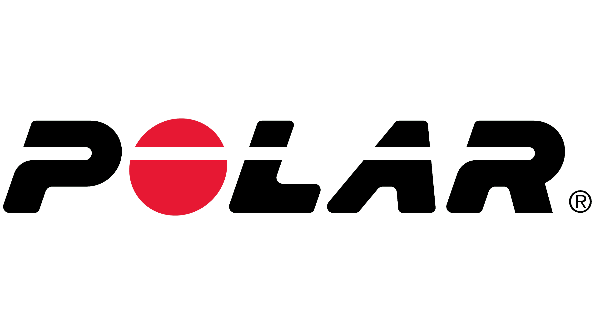 Black logo with the word 'POLAR' outlined in black with a red circle in place of the letter 'O'