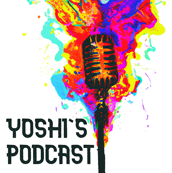Färgglad illustration av en mikrofon med exploderande färger och texten 'Yoshi's Podcast'.