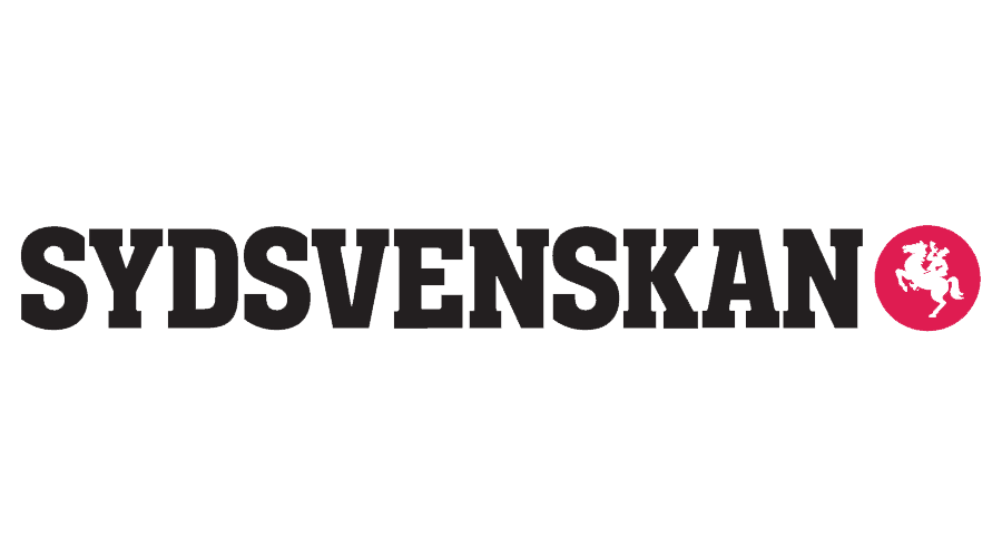 Texten 'SYDSVENSKAN' med en rosa cirkel på höger sida som innehåller en svart enhörning.