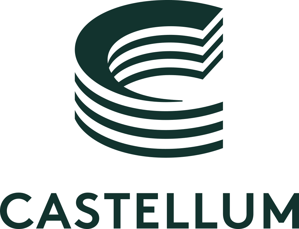 En logotyp med ett stiliserat E-format av cirklar eller steg ovanför texten 'Castellum'.