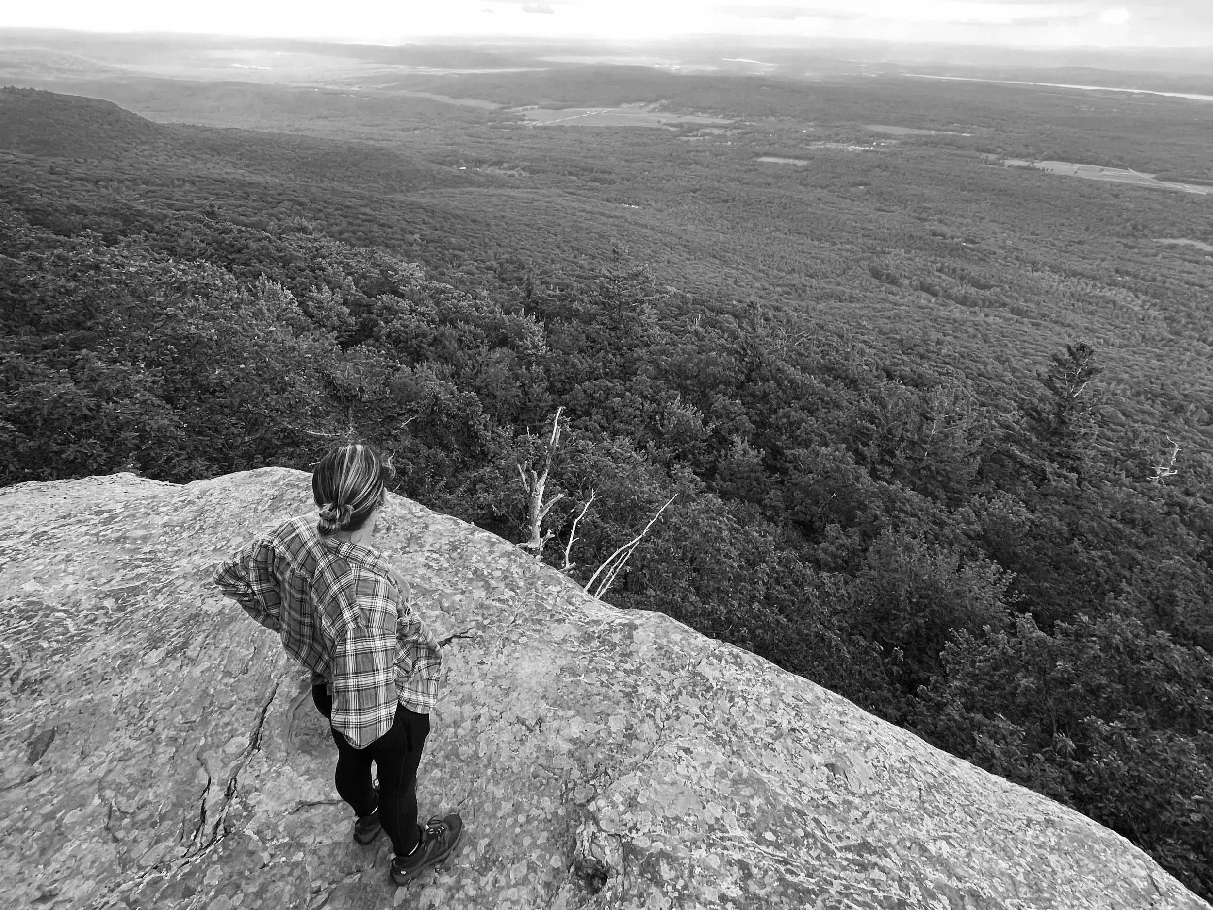 A person with hair tied in a bun, wearing a plaid shirt and dark pants, standing on a rocky mountain peak, overlooking a vast forested landscape with distant fields and water bodies.