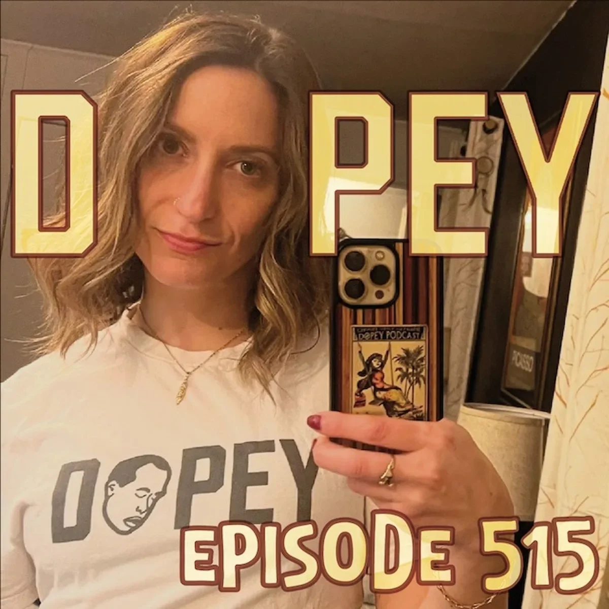 A woman taking a mirror selfie, wearing a white Popeye T-shirt and gold jewelry, with large overlaid text reading 'O P E Y' and smaller text below stating 'EPISODE 515.'