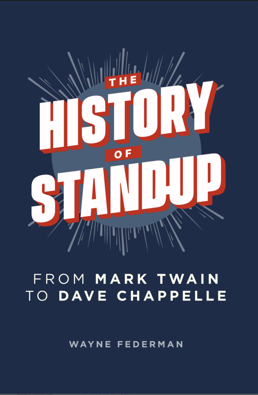 Book cover titled 'The History of Standup' by Wayne Federman, highlighting the evolution from Mark Twain to Dave Chappelle, with a dark blue background and stylized design.