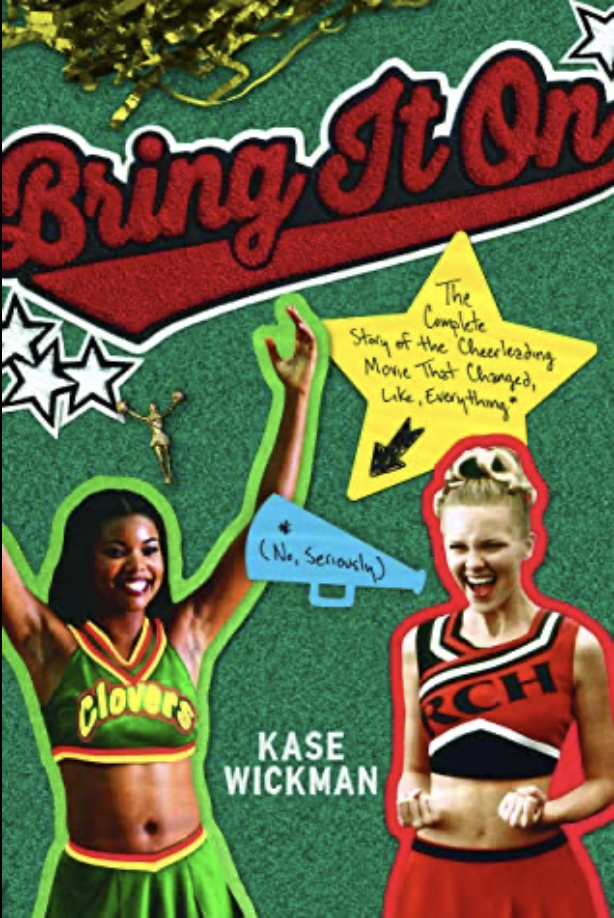 Book cover titled 'Bring It On' featuring two cheerleaders; one in a green cheerleading uniform and the other in a red cheerleading uniform, with comics-style speech and thought bubbles and a gold cheerleader figurine hanging from the top.