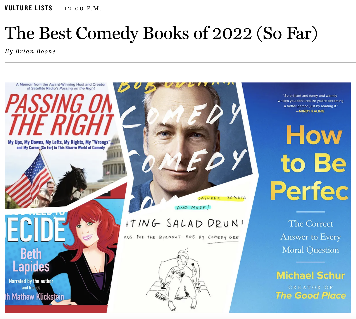 Collage of three book covers titled "Passing on the Right" featuring a horse and American flag, "Comedy" with a man’s face, and "How to Be Perfect" with blue background and yellow text, partially overlapping.