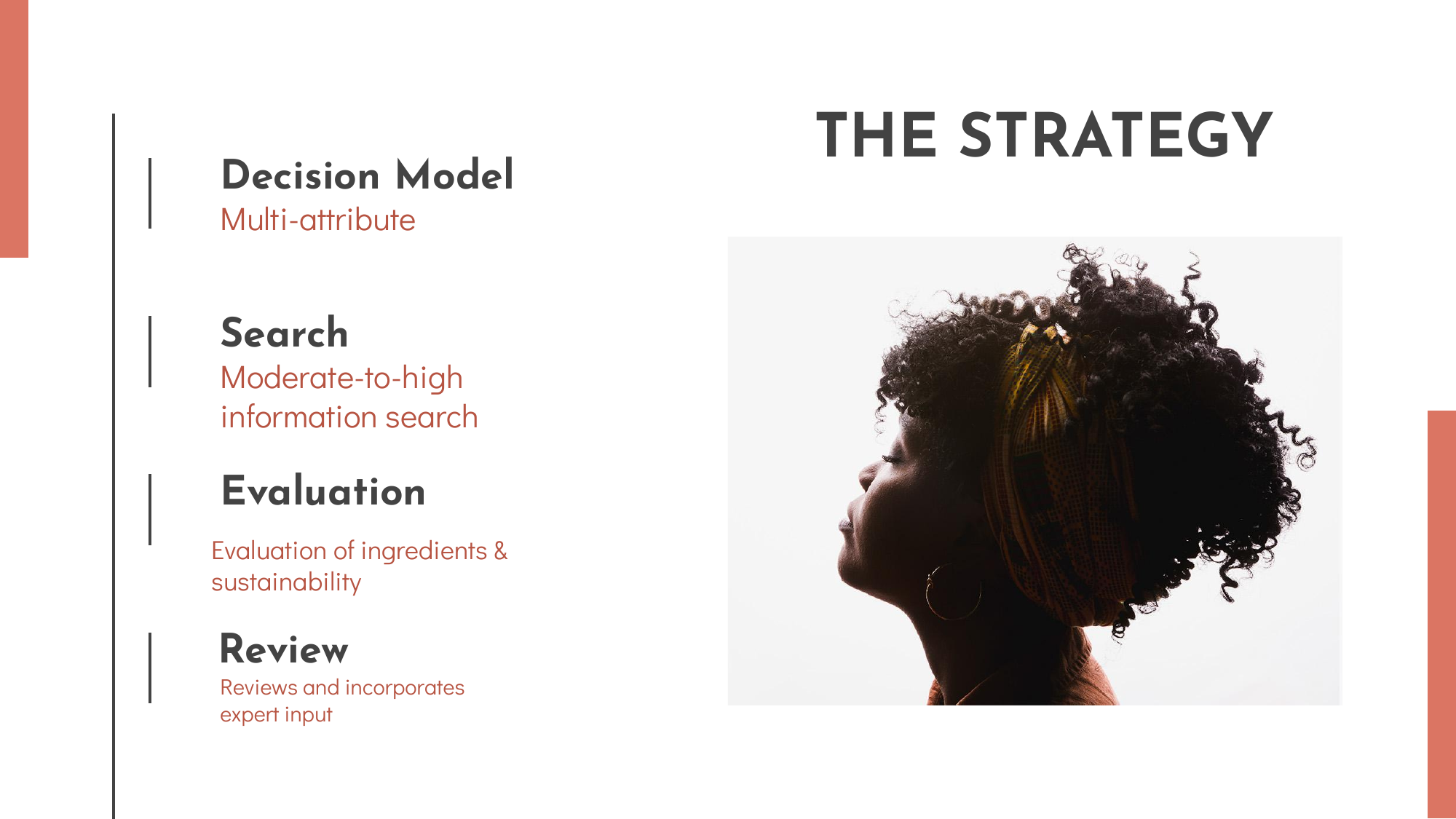A presentation slide with a side profile of a woman with natural curly hair tied with a colorful headband. The slide contains bullet points about decision model, search, evaluation, and review related to strategy.