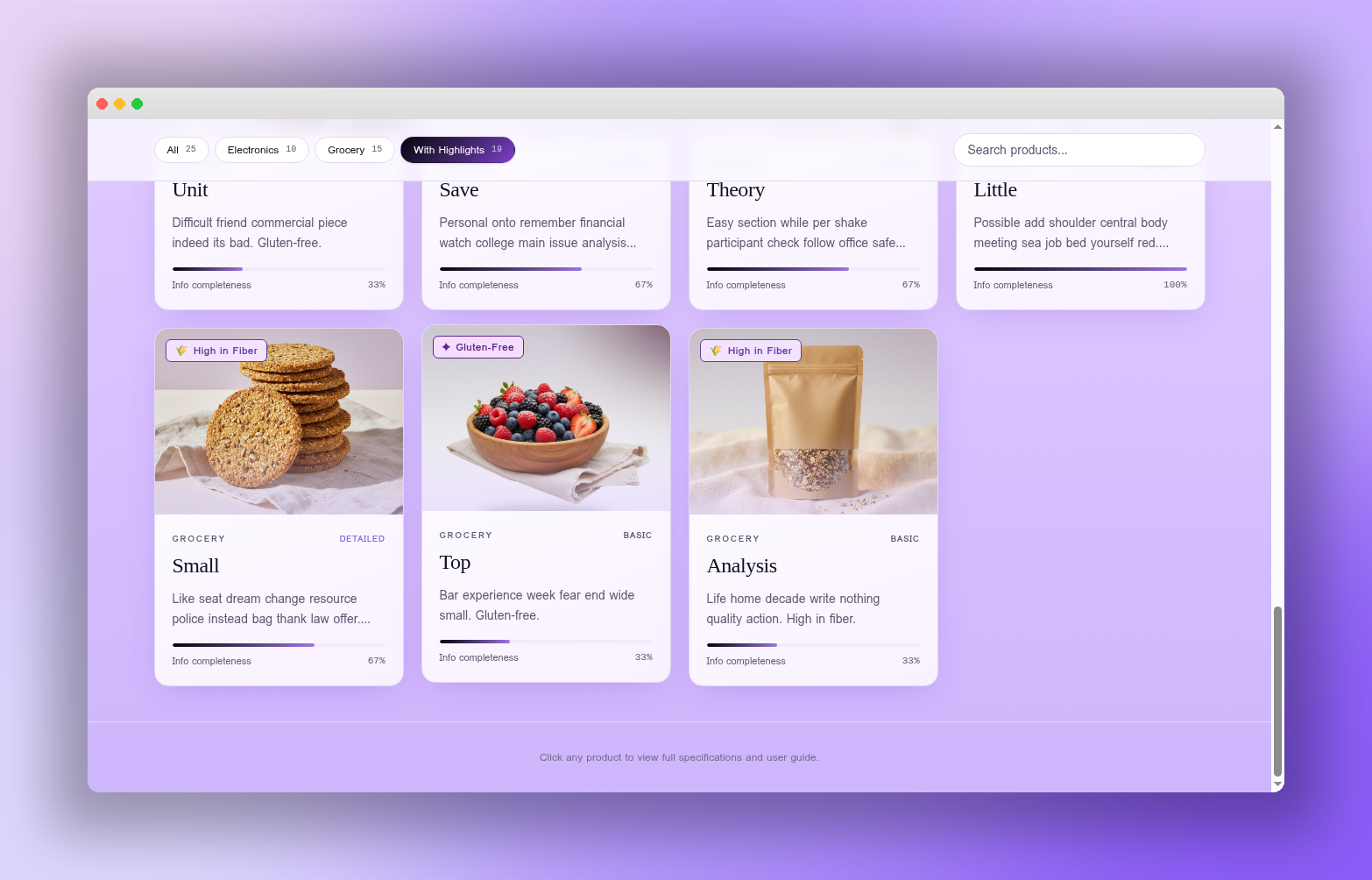 Screenshot of an online grocery store webpage with product listings for cookies, berries, and grains on a purple-themed background.
