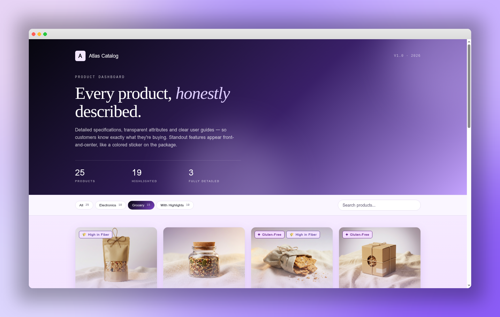 A digital product catalog website displayed on a computer screen with a purple gradient background. The website headline reads 'Every product, honestly described,' with icons and statistics about products, and images of packaged food items below.