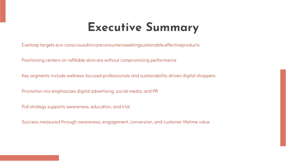 Slide titled 'Executive Summary' with bullet points on eco-conscious skincare, refillable skincare, wellness professionals, digital advertising, pull strategy, and success measurement.