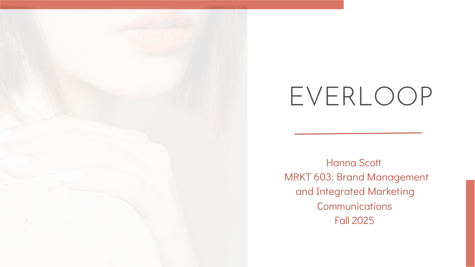 Title slide for a presentation with the word 'EVERLOOP', name 'Hanna Scott', course 'MRKT 603: Brand Management and Integrated Marketing Communications', and term 'Fall 2025'.