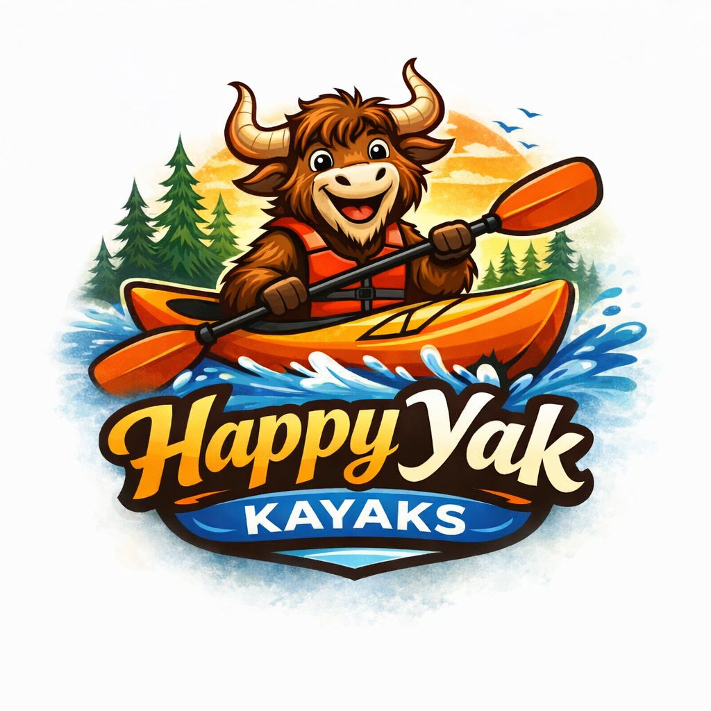 A cheerful cartoon yak paddling a kayak on a river with pine trees and a sunset in the background, with the text "Happy Yak Kayaks" below.