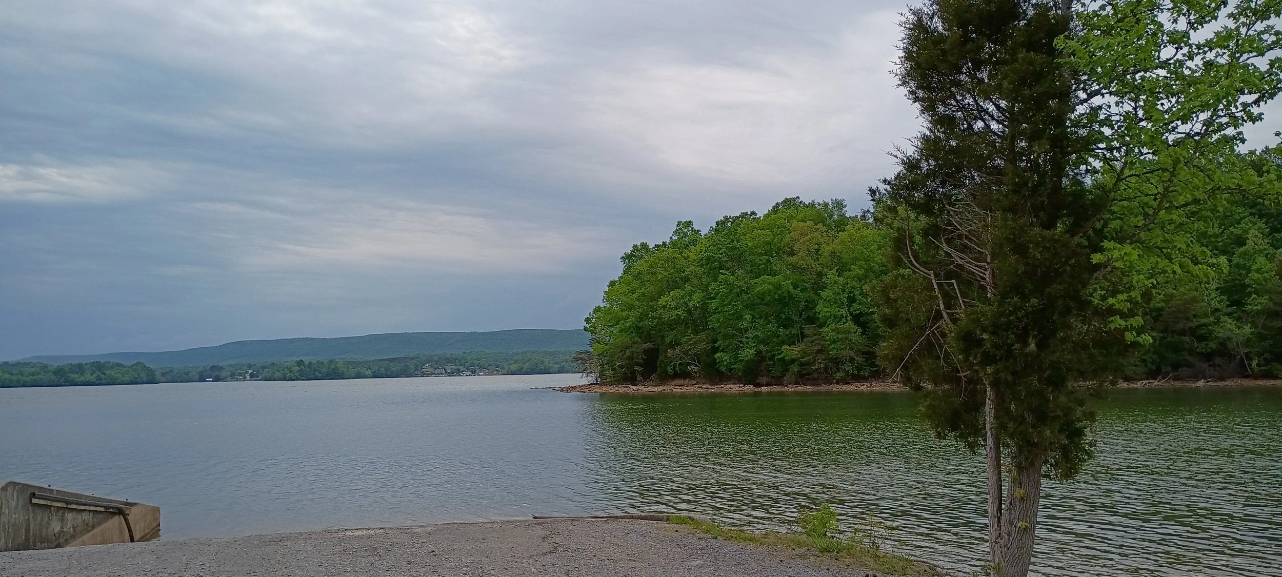 A lakeside scene with trees on the right and a distant shoreline and hills in the background under a cloudy sky.
