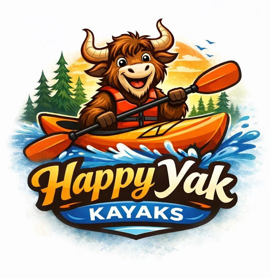 A cartoon yak with horns and brown fur kayaking on water with trees and a sunset in the background, holding an orange paddle. Text reads "Happy Yak Kayaks."