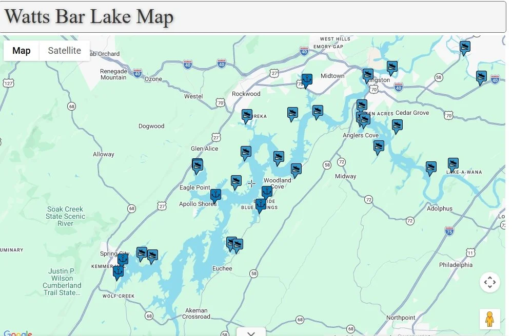 Map of Watts Bar Lake showing fishing locations marked with icons near towns like Spring City, Eagle Point, Apollo Shores, and Lake A-Wana in Tennessee.
