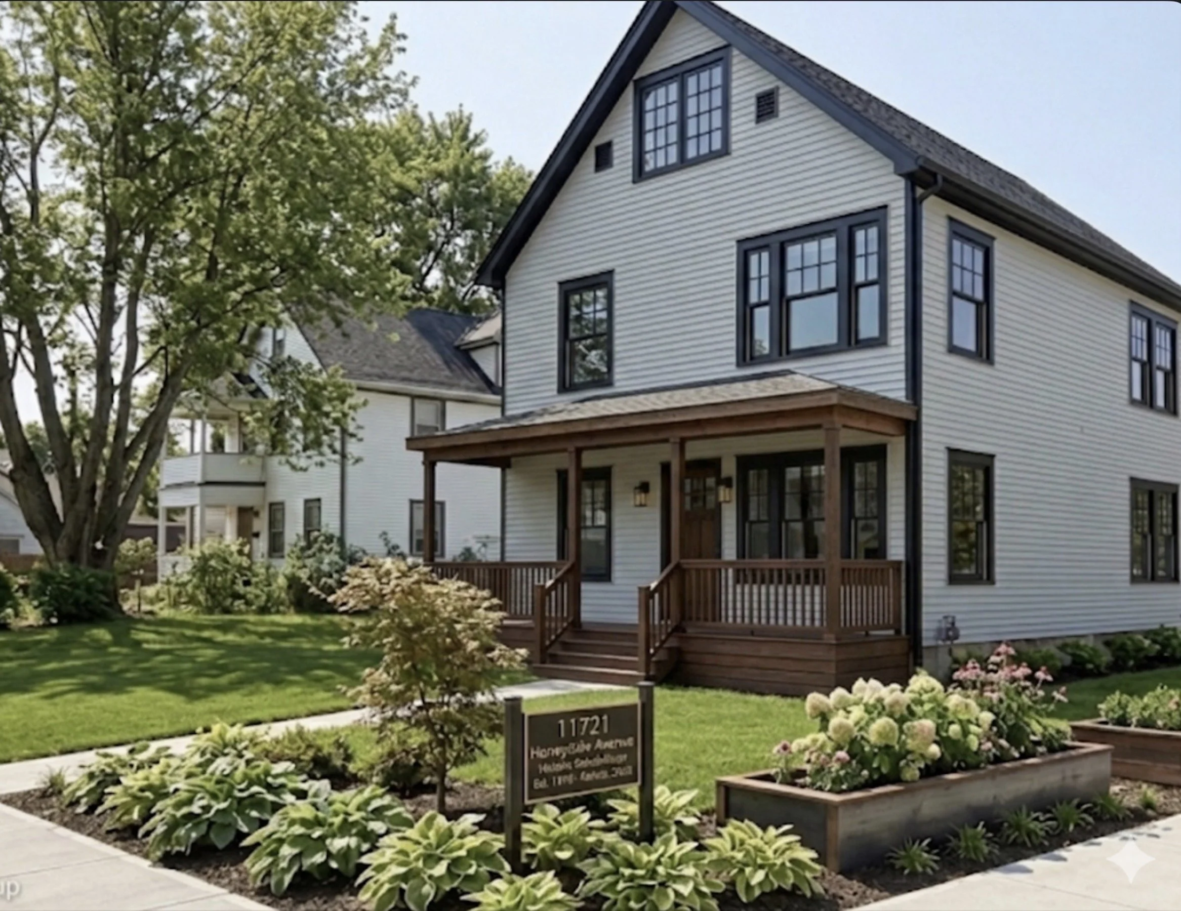 A white, three-story house with black trim and multiple windows, featuring a deck at the front. The house is surrounded by a well-maintained lawn, colorful flowers, and small shrubs. A large tree with green leaves is in the foreground on the left side. There is a black sign with white lettering near the flowers that says "11721 Hongxin Avenue".