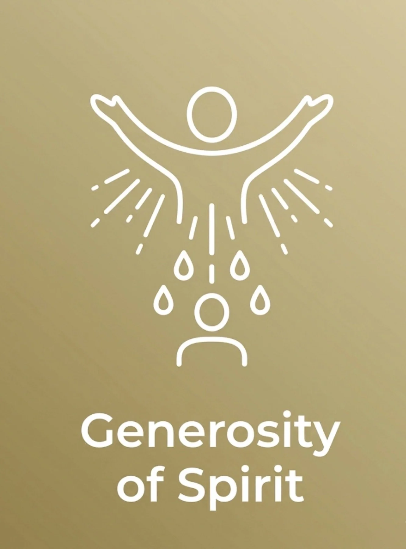 A minimalist line drawing of a figure with arms raised, surrounded by radiating lines and water droplets, with the text 'Generosity of Spirit' below.