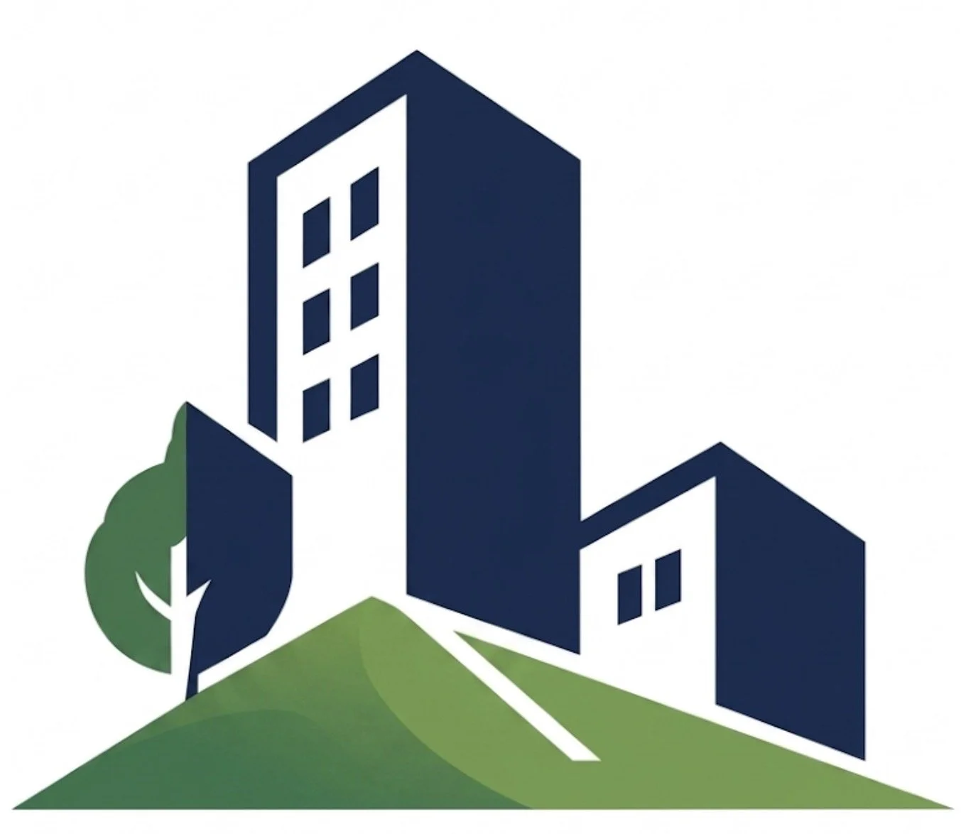 Illustration of a modern multi-story building with a smaller house adjacent, green landscape with a hill and trees.