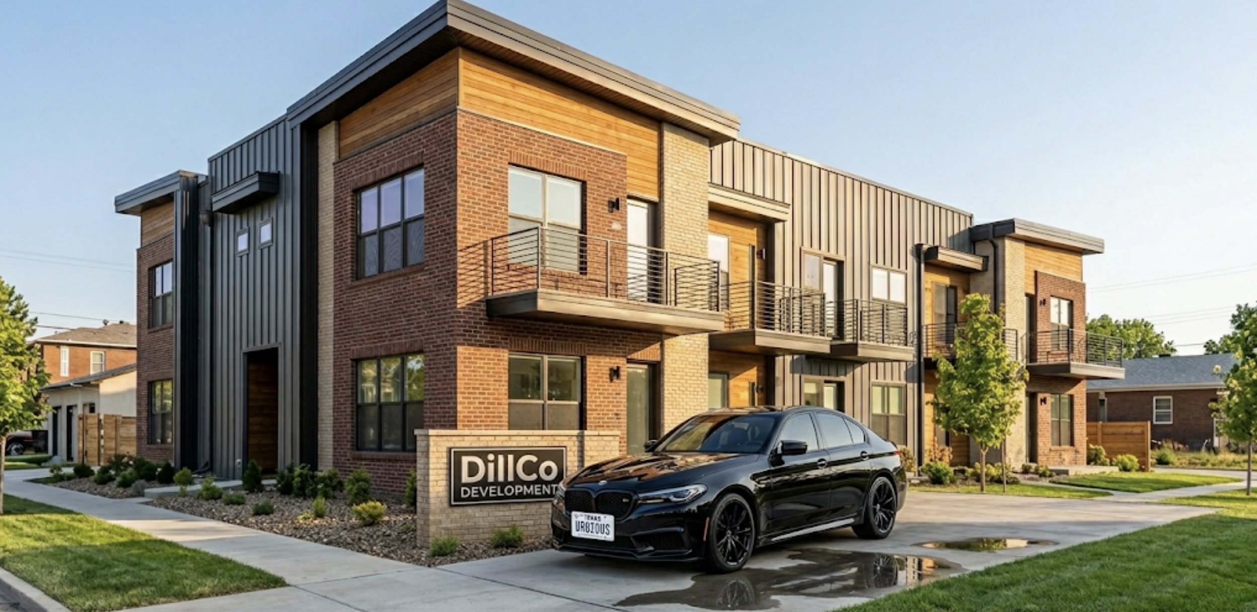Modern apartment building with brick and metal exterior, featuring balconies and large windows. A black car is parked in front near a sign that reads 'Dilco Development.' There are small landscaped gardens and young trees along the sidewalk.