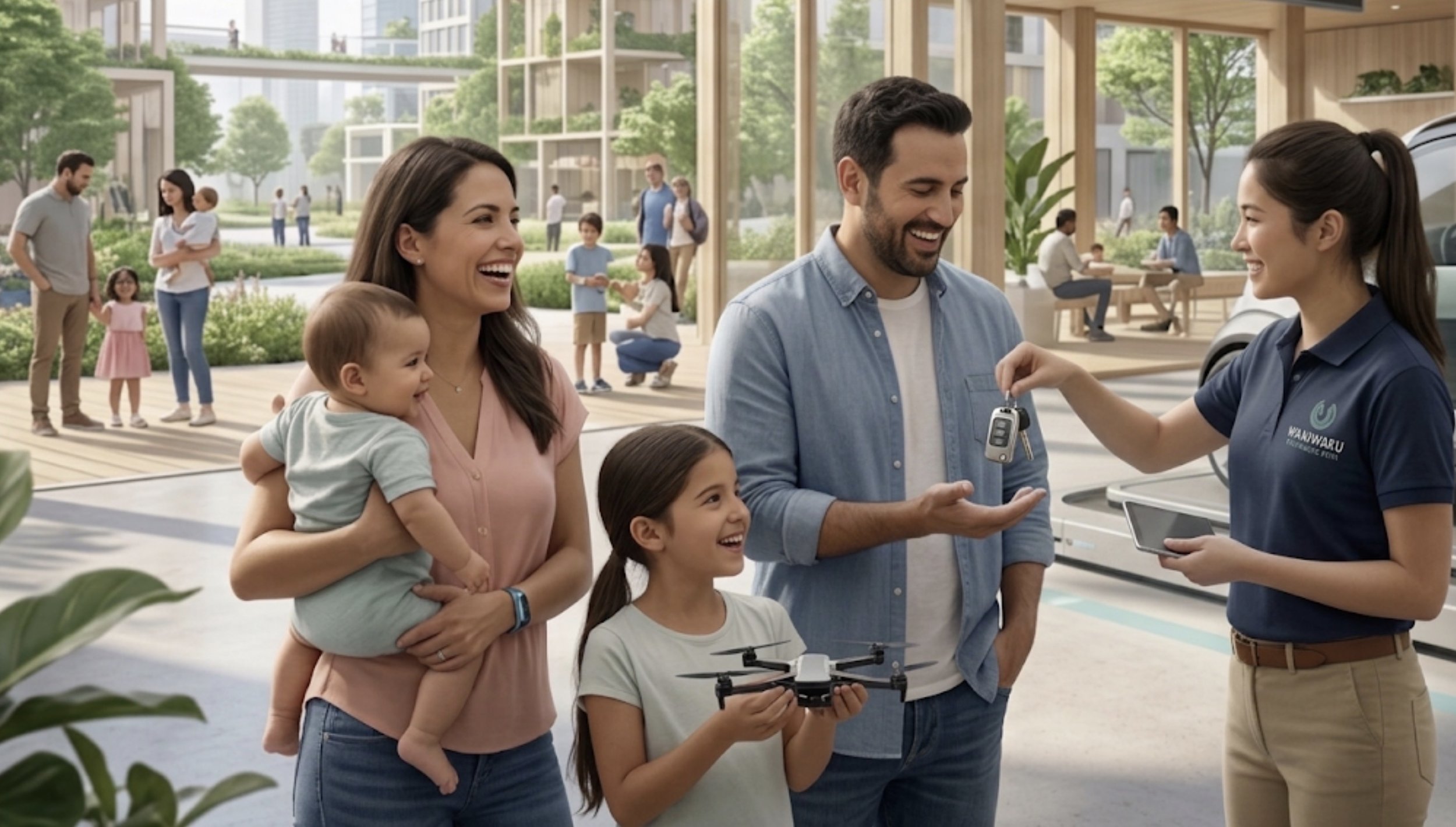 People at a modern, green urban space, with a family receiving keys from a woman in a blue polo shirt, while children and other adults enjoy and socialize inside and outside a building.