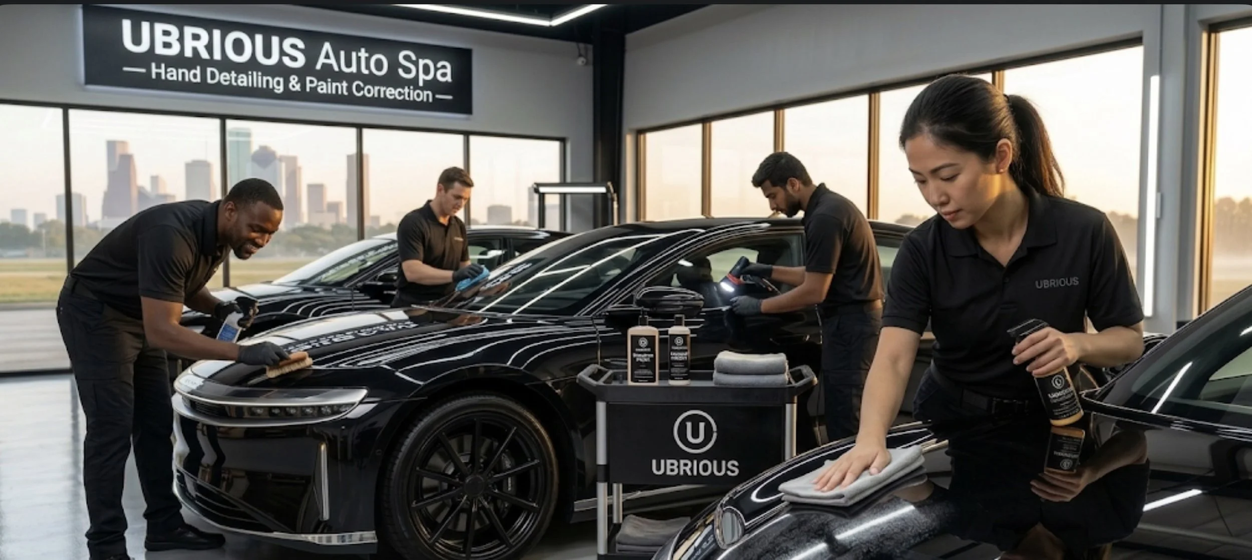 People working on detailing black luxury cars at Ubrious Auto Spa, using cleaning and polishing products.