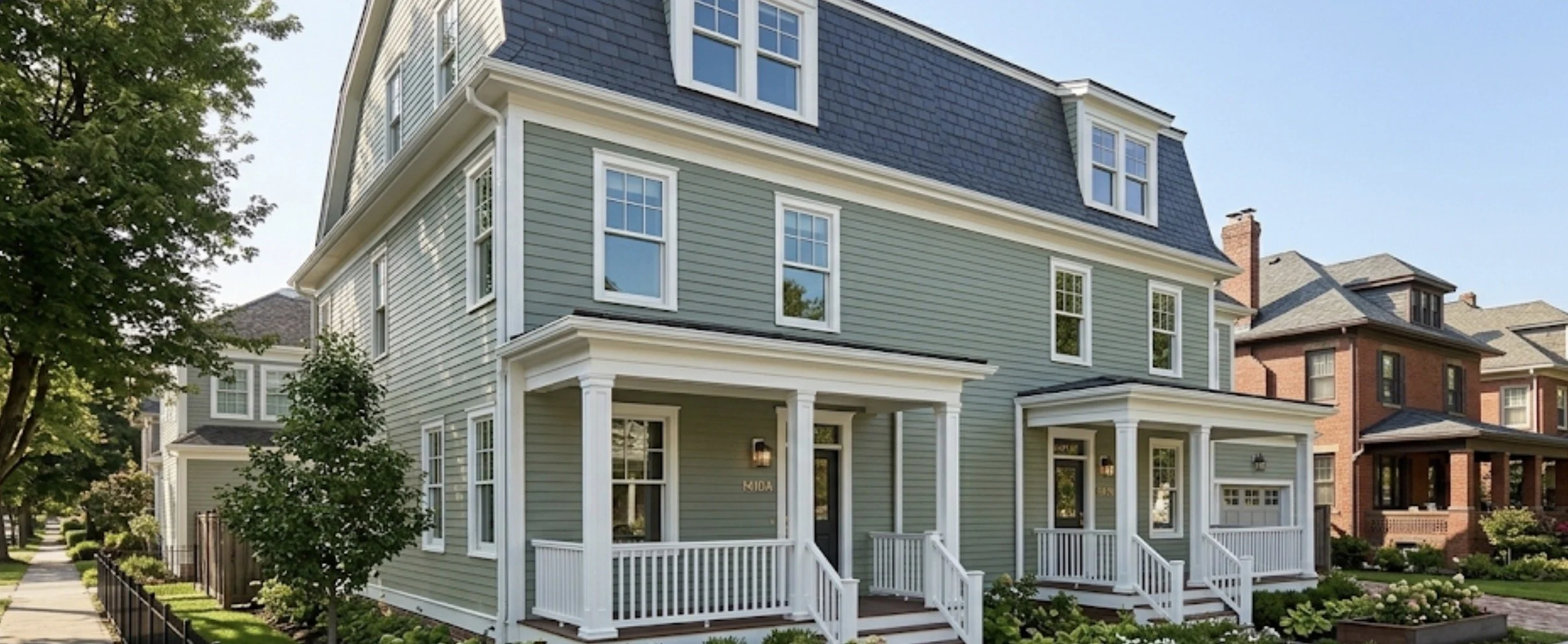 A three-story house with green exterior siding, white trim, and a dark blue roof in a neighborhood with other brick and wood houses. The house has a porch with white railing and steps, multiple windows, and adjacent sidewalks with trees and landscaping.