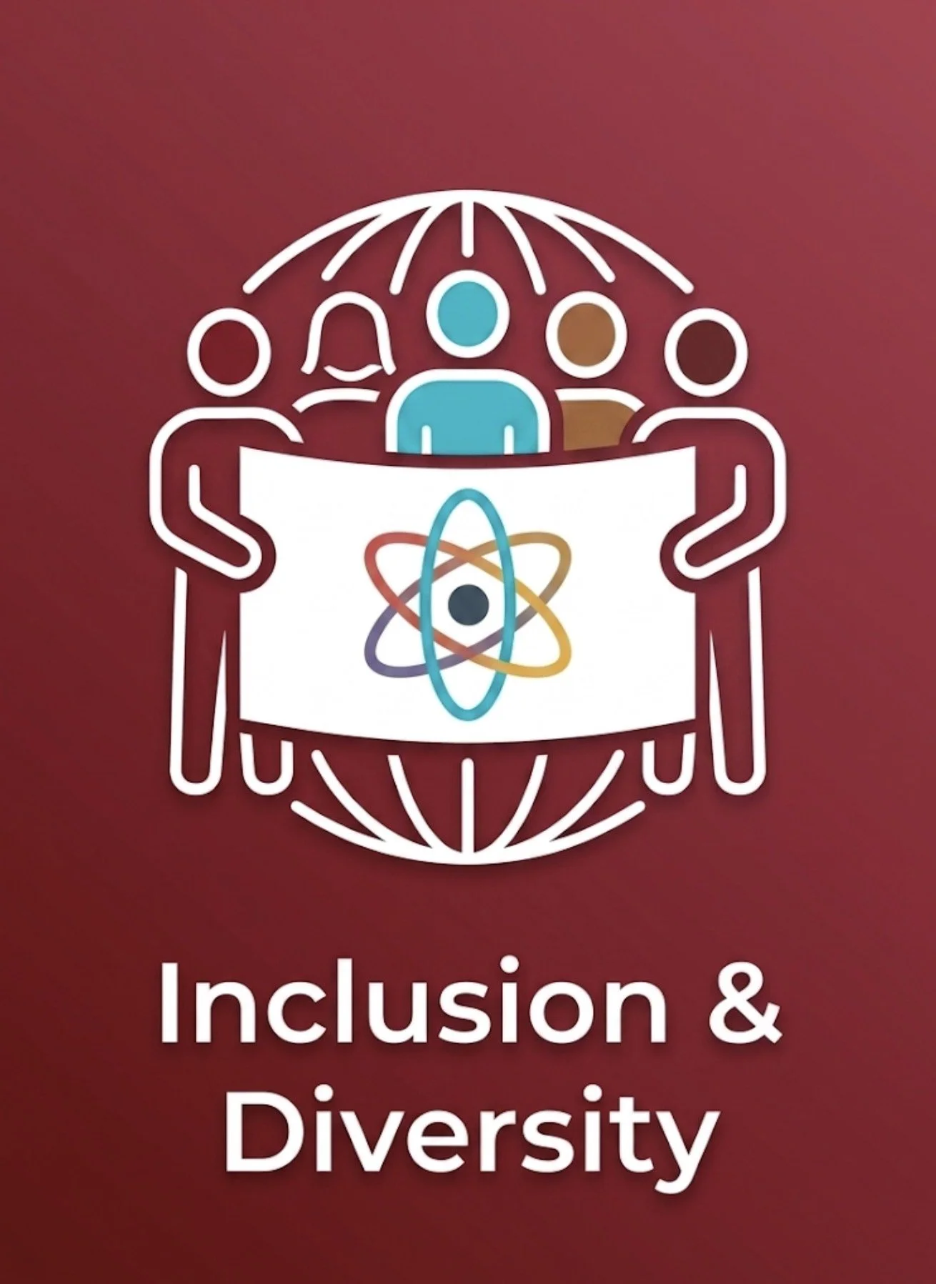 Graphic with a globe outline, five diverse human figures, and a banner with an atom symbol, representing inclusion and diversity.