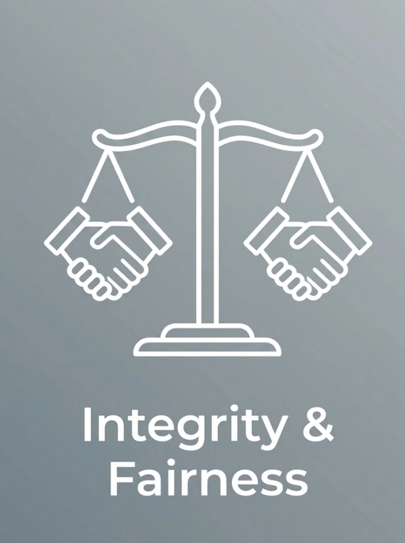 Illustration of a balanced scale with two shaking hands on each side, symbolizing fairness, integrity, and justice.