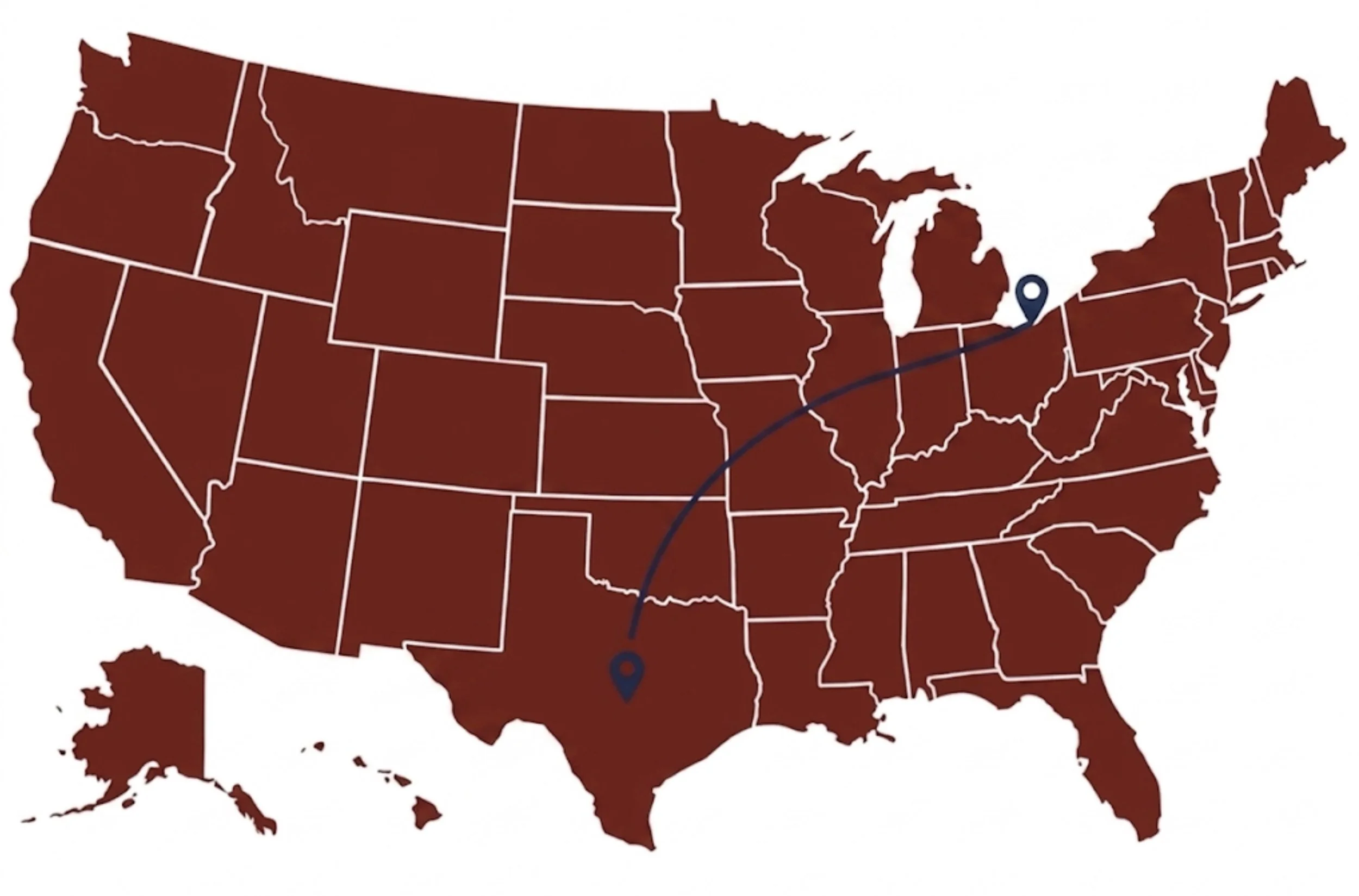 Map of the United States with a blue location marker in Ohio and a curved line connecting Ohio to Texas.