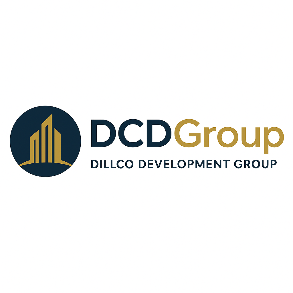 Logo of DILCO Development Group featuring a dark blue circle with a gold outline of a city skyline, and the text "DCD Group" with "DCD" in dark blue and "Group" in gold, along with the full name "DILCO DEVELOPMENT GROUP" below.