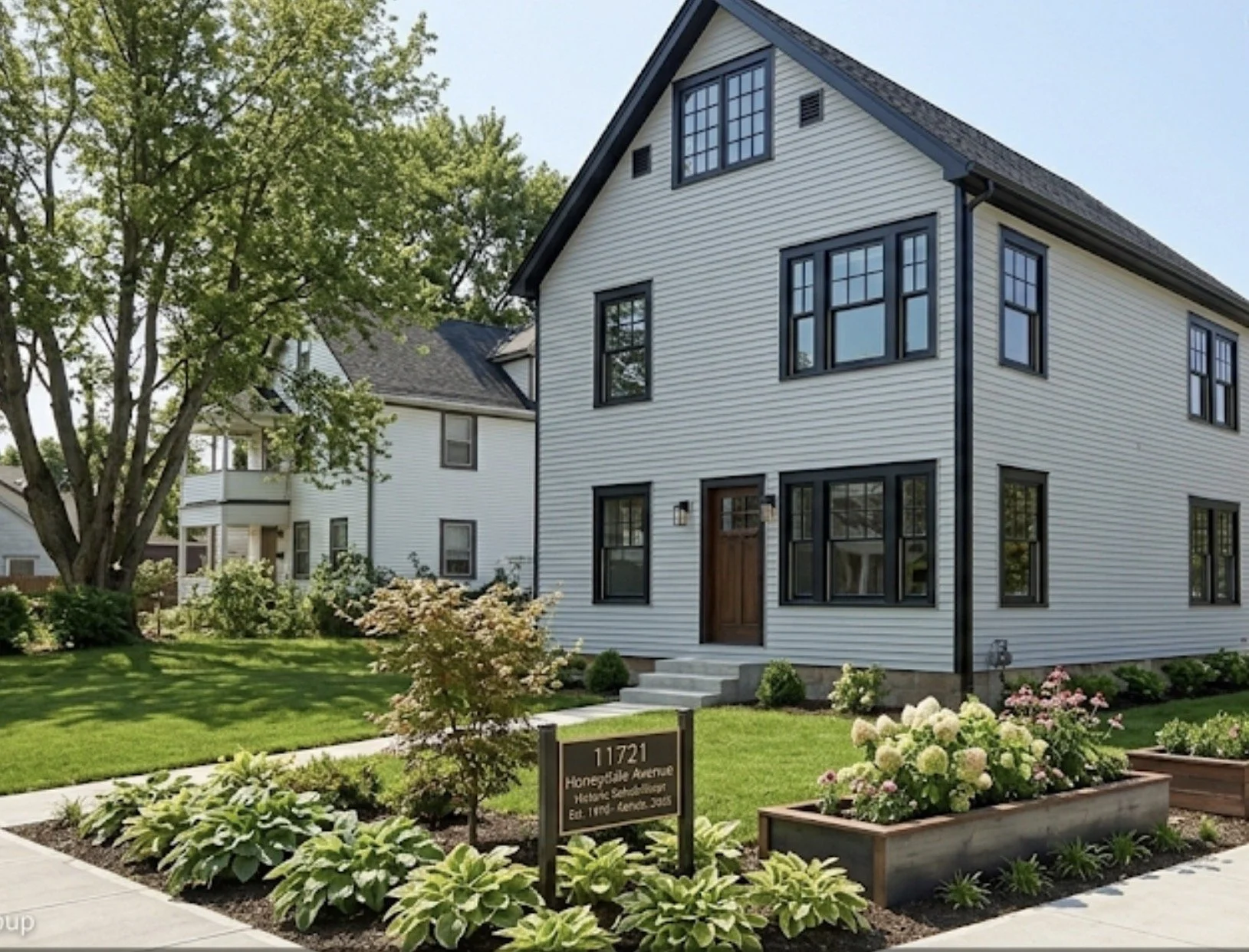 A white, three-story house with black trim and a brown front door, surrounded by a garden with flowers and trees, on a sunny day.