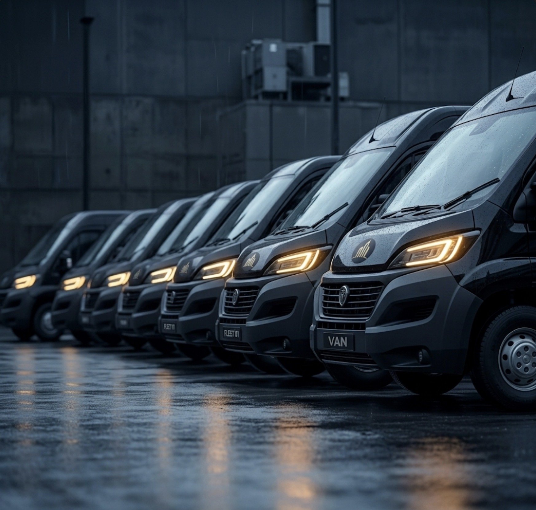 Row of parked vans with illuminated headlights, wet ground reflecting the vehicles, and a dark industrial building in the background.