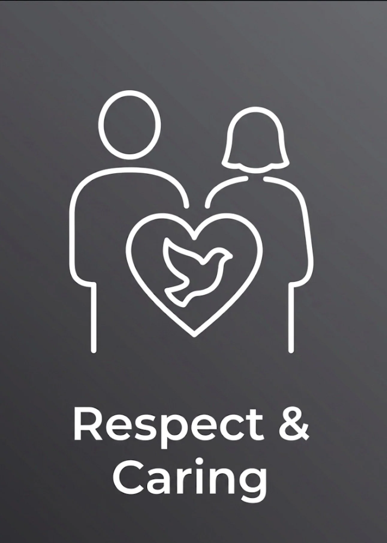 Outline of a man and a woman with a heart between them containing a dove, representing respect and caring.
