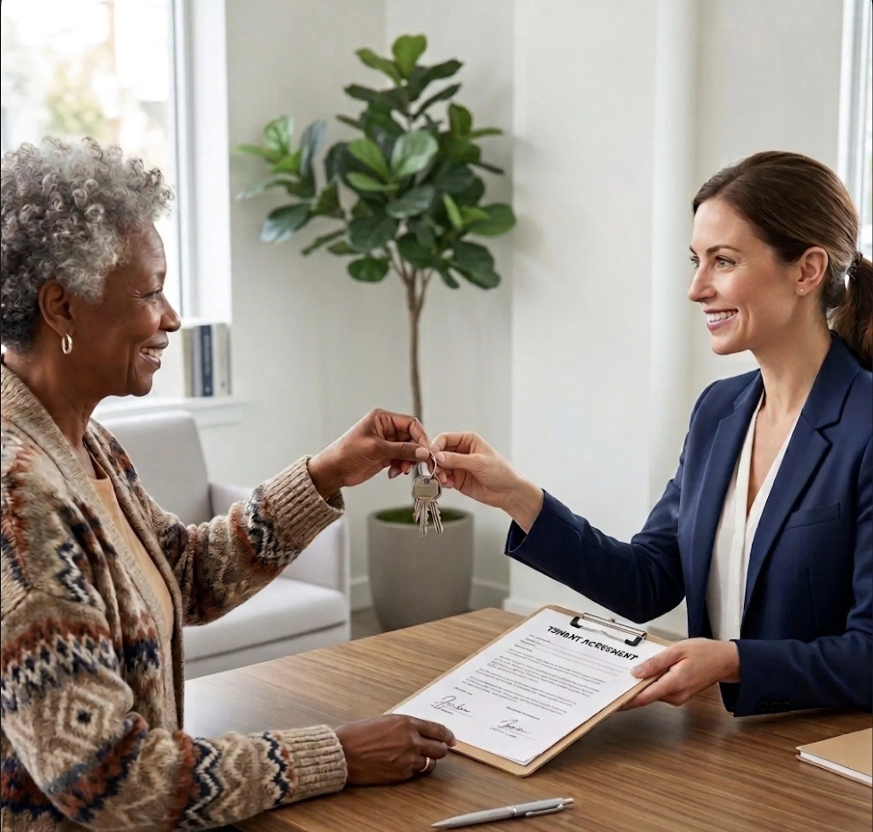 An elderly woman in a patterned sweater receives a set of keys from a woman in a dark blue blazer, who is holding a legal document and smiling in an office setting with a potted plant and a window in the background.