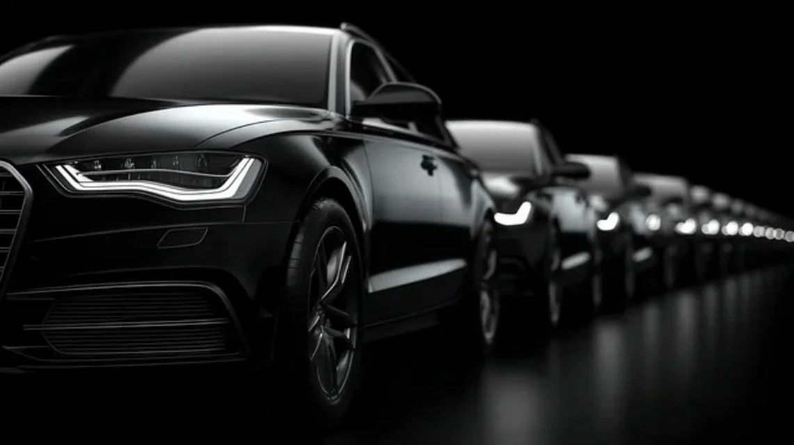 Multiple sleek, black cars lined up in a row in a dark setting.