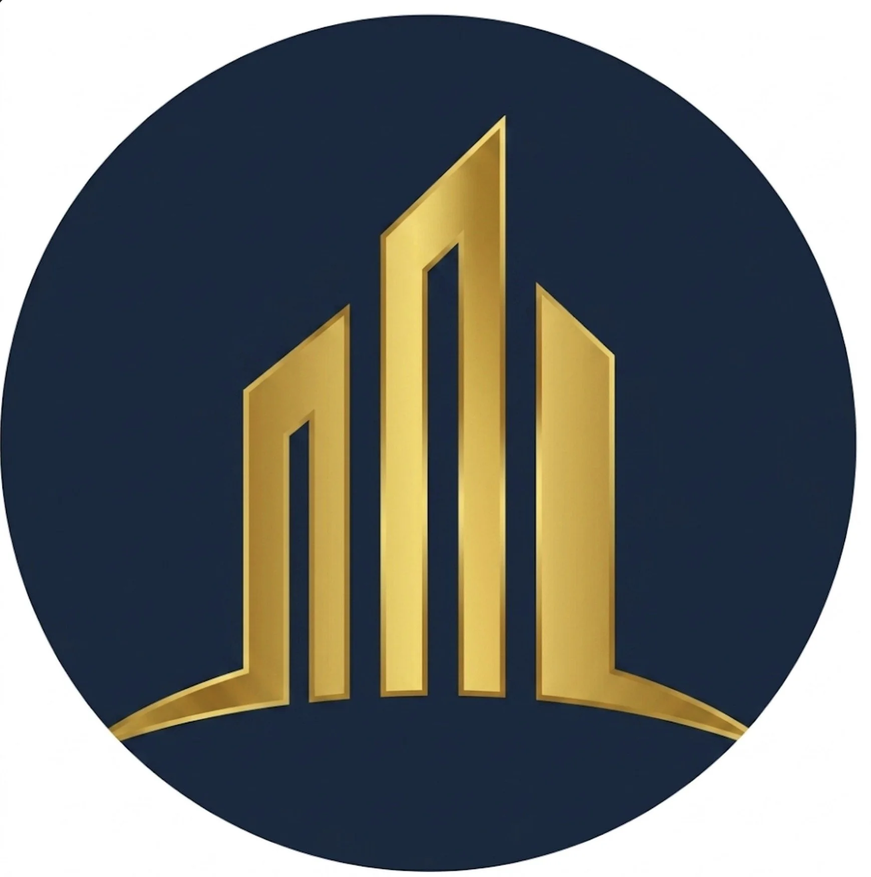 A logo with a dark circular background and a stylized gold design in the center resembling three ascending bars or skyscrapers.