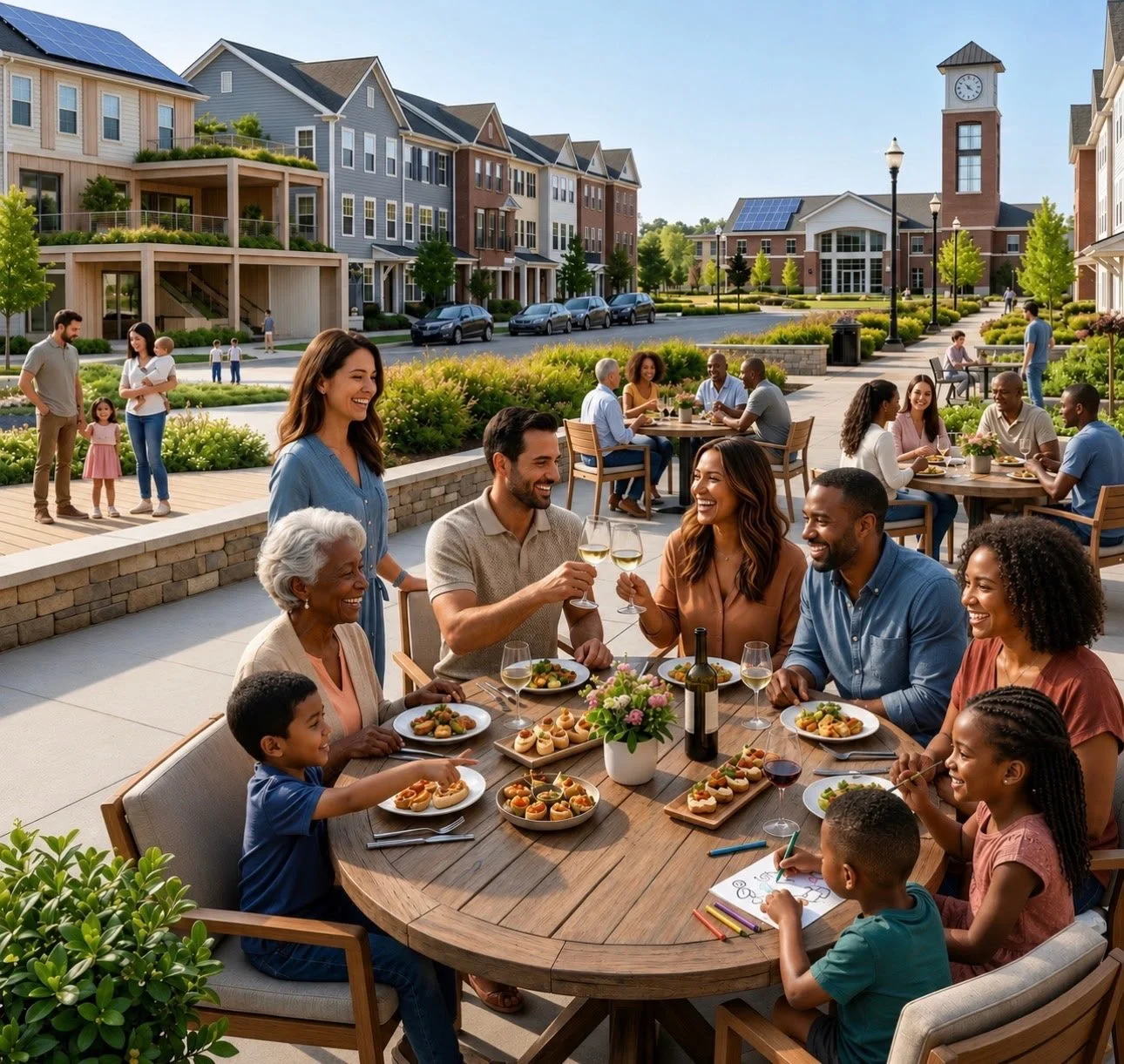 People enjoying a outdoor gathering at a community space with modern residential buildings and a clock tower in the background. They are laughing, eating, and socializing.