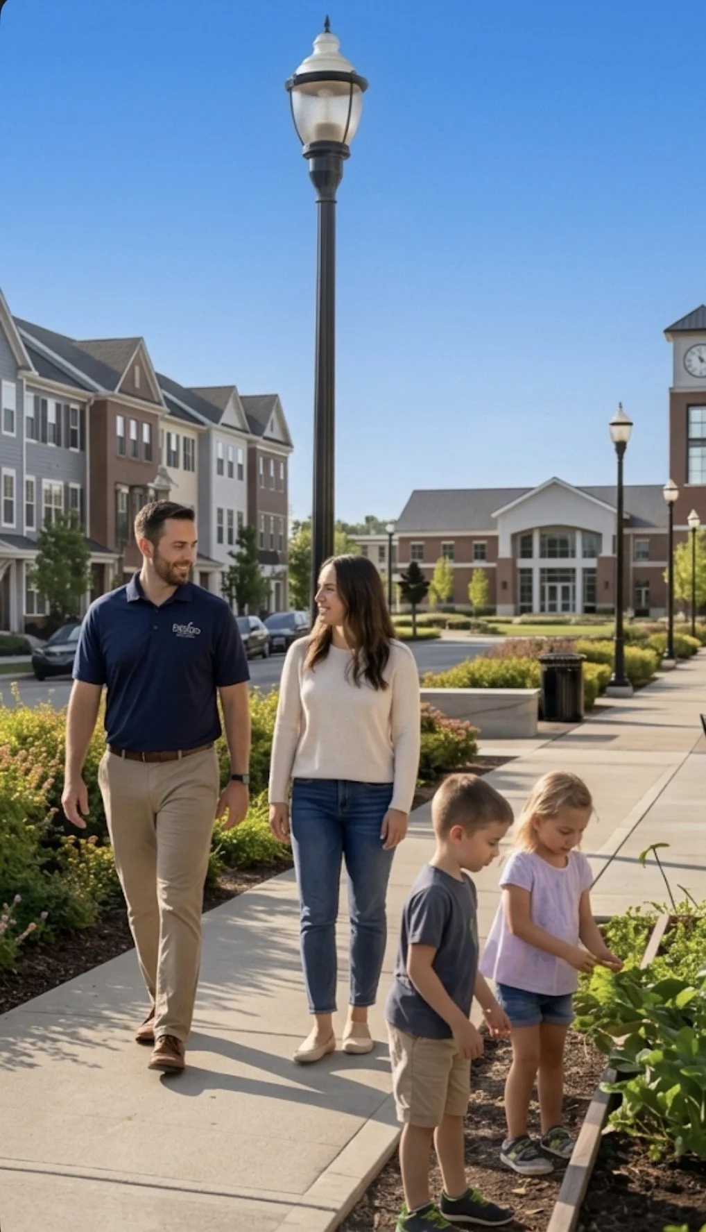 A family walking on a sidewalk in front of a modern apartment complex, with two young children examining plants, under a bright blue sky with streetlights and trees in the background.
