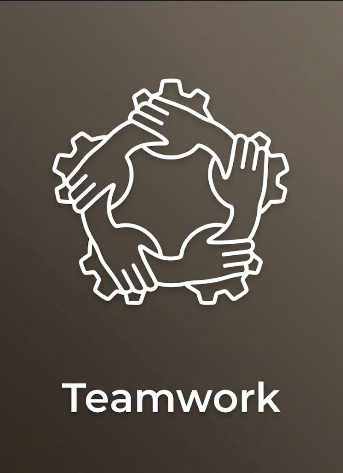 An illustration of six hands interconnected to form a circle around a gear, symbolizing teamwork and collaboration. The image is part of a poster or banner with the label 'Teamwork' at the bottom.
