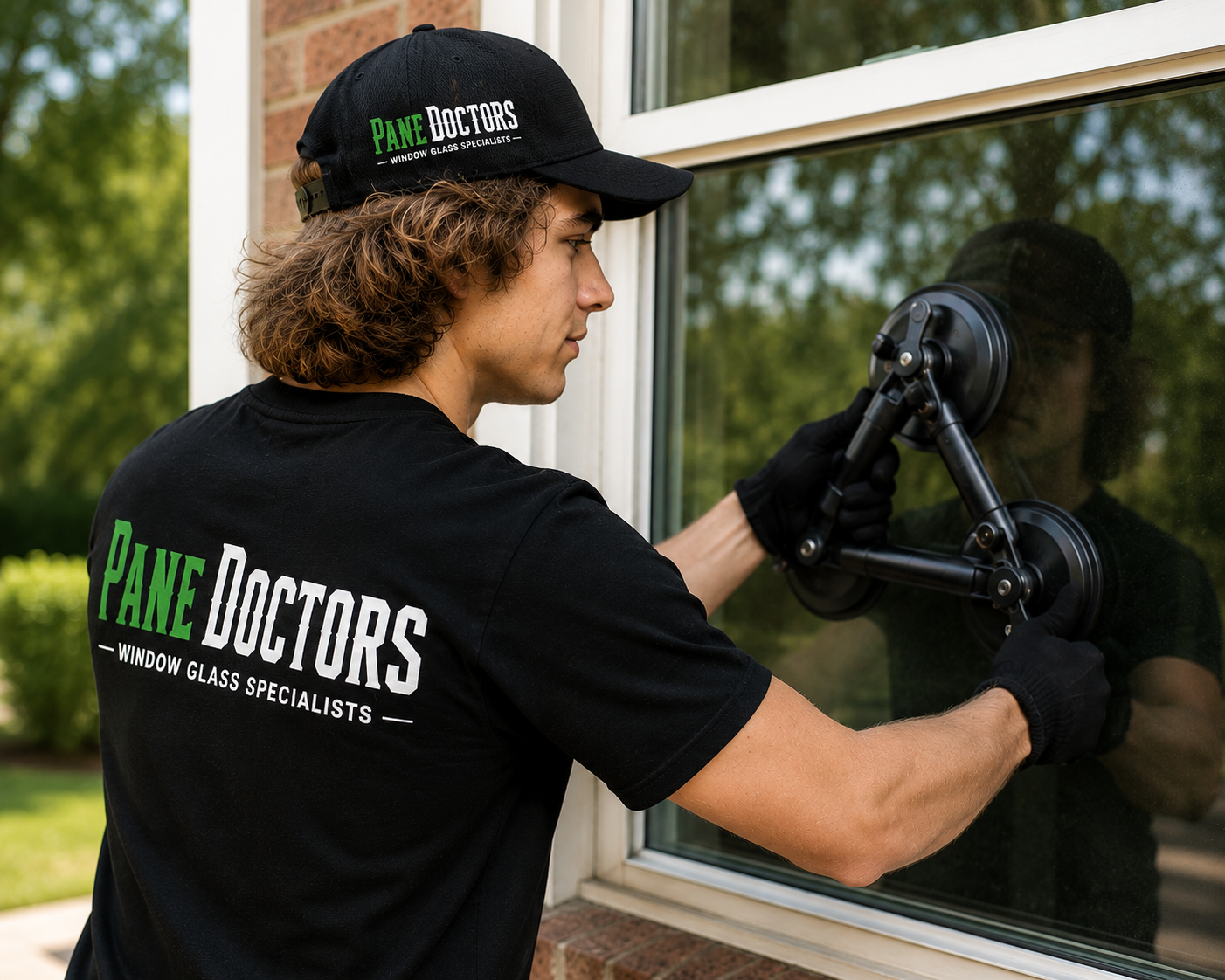 A worker in black shirt and cap cleaning a window with a suction cup glass cleaner outside. The shirt and cap display the logo 'Pane Doctors, Window Glass Specialists'.