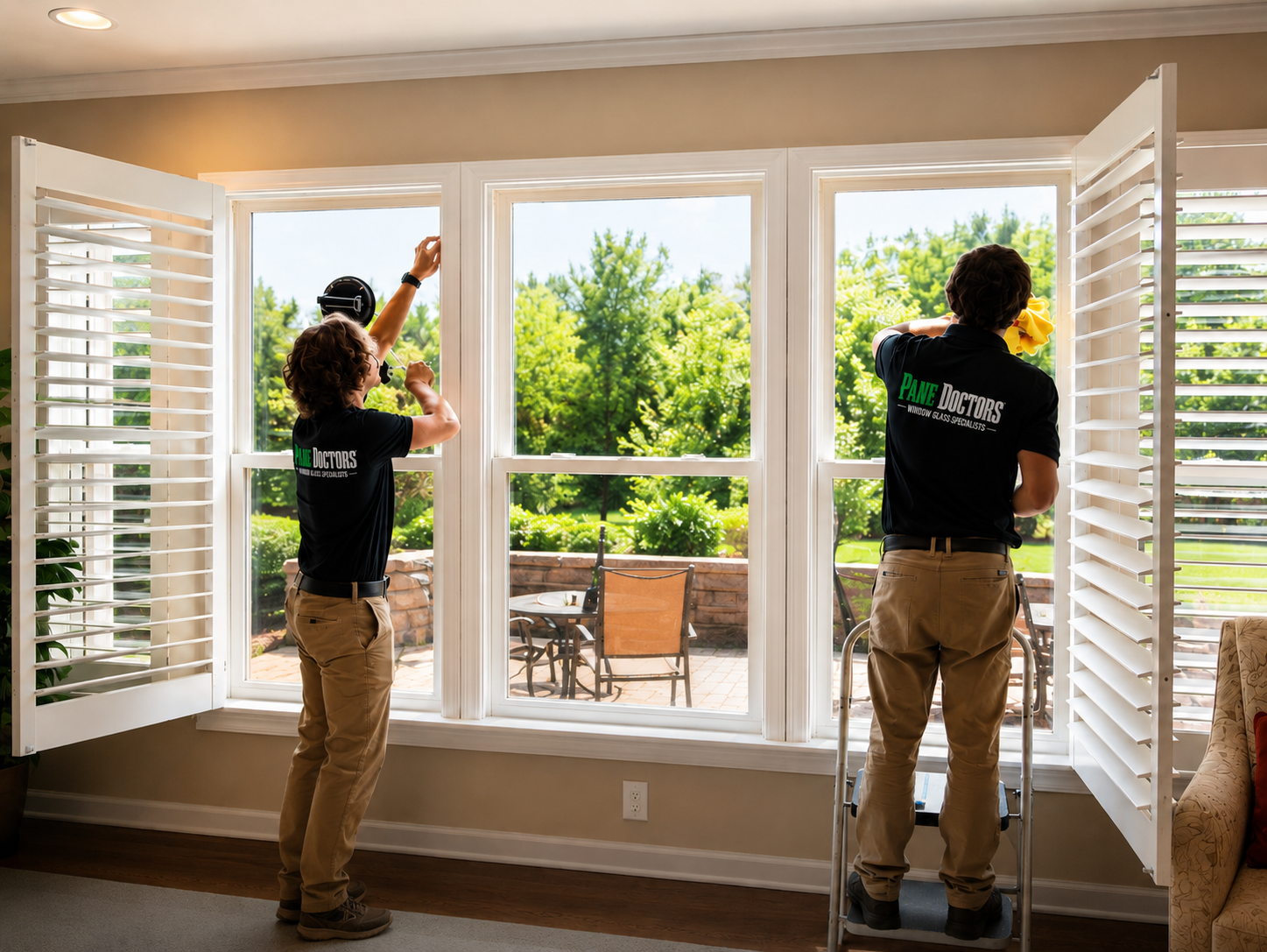Pane Docs technicians replacing residential window glass in a bright home with large insulated windows and plantation shutters.