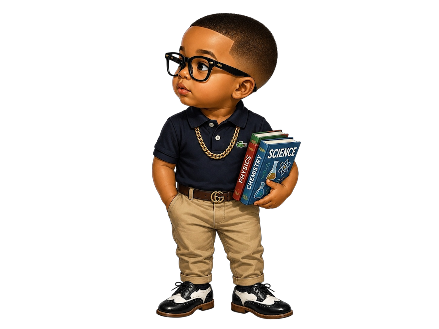 dennis A young boy dressed in fashionable clothes, wearing glasses, a gold chain, and holding three science books labeled physics, chemistry, and science, standing against a black background. and loves to invest