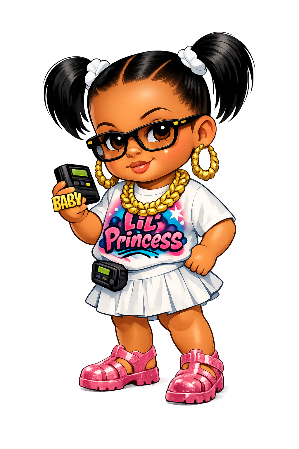 Cartoon girl with dark hair in pigtails, wearing glasses, gold jewelry, a white t-shirt with "Lil Princess" text, pink sandals, holding a small device, and wearing a keyboard belt.