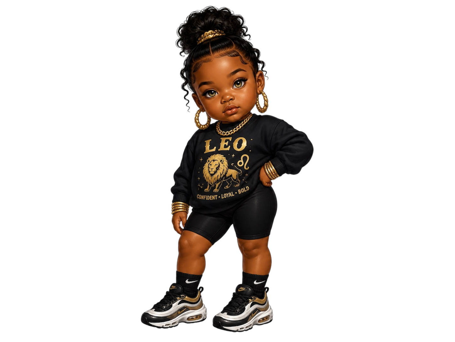 Adorable young girl with big hairstyle and gold accessories, dressed in a black sweatshirt with a lion print, black shorts, and sneakers, standing confidently with one hand on her hip against a black background.