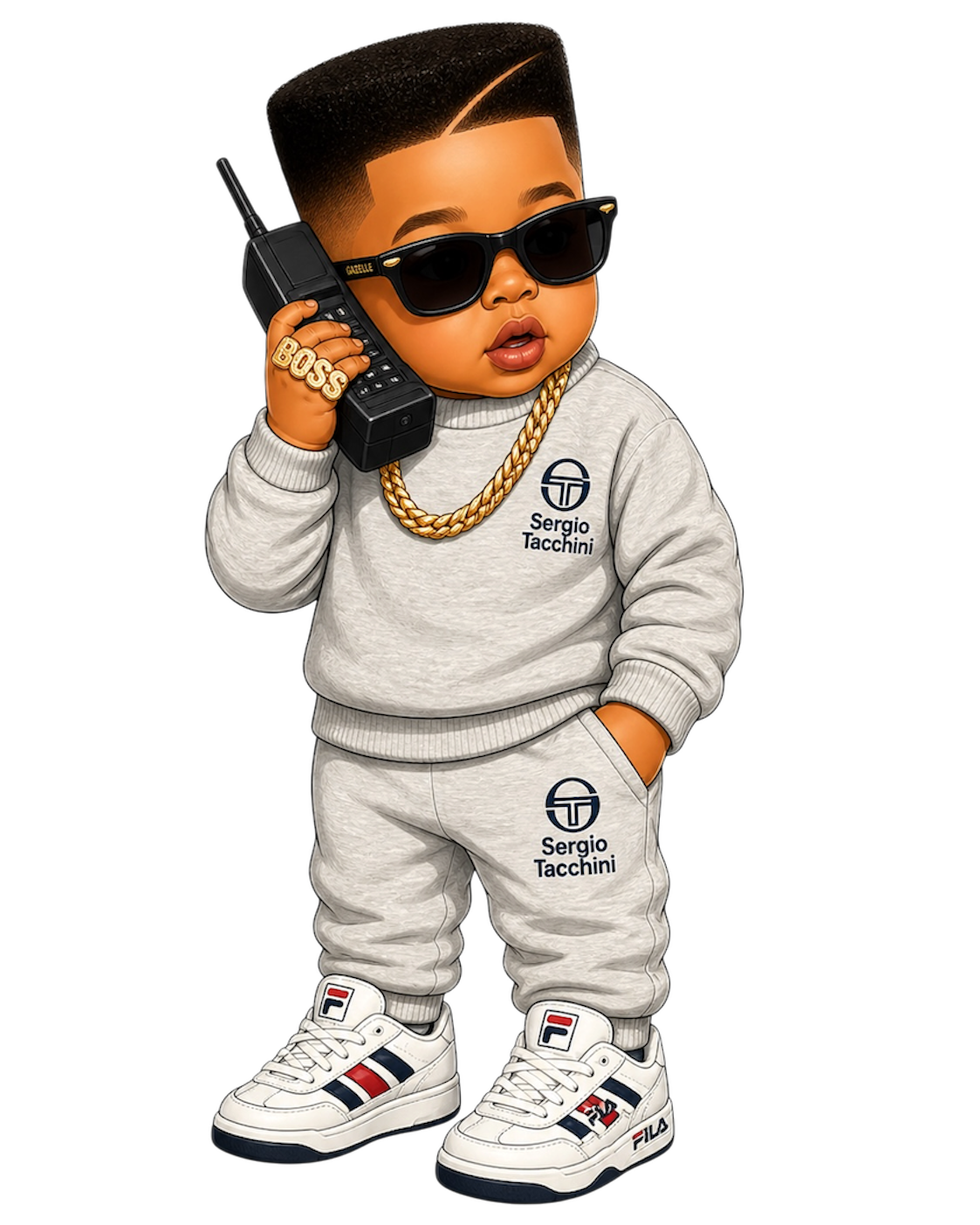 A digital illustration of a young boy wearing sunglasses, a gray Sergio Tacchini tracksuit, white Fila sneakers, and gold jewelry, holding a vintage mobile phone to his ear.
