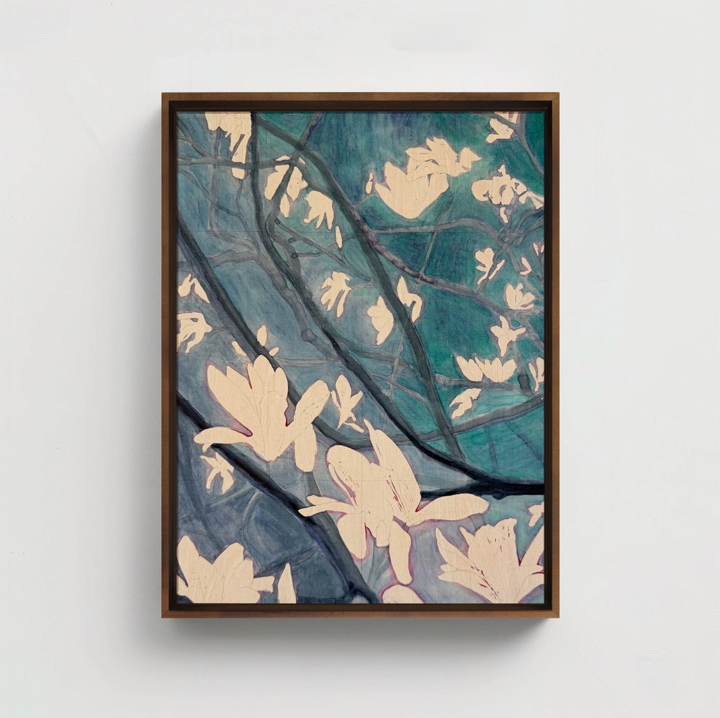 Magnolia Blossoms as seen by a Beetle Turquoise | Watercolor on Panel | 12 x 16 inches