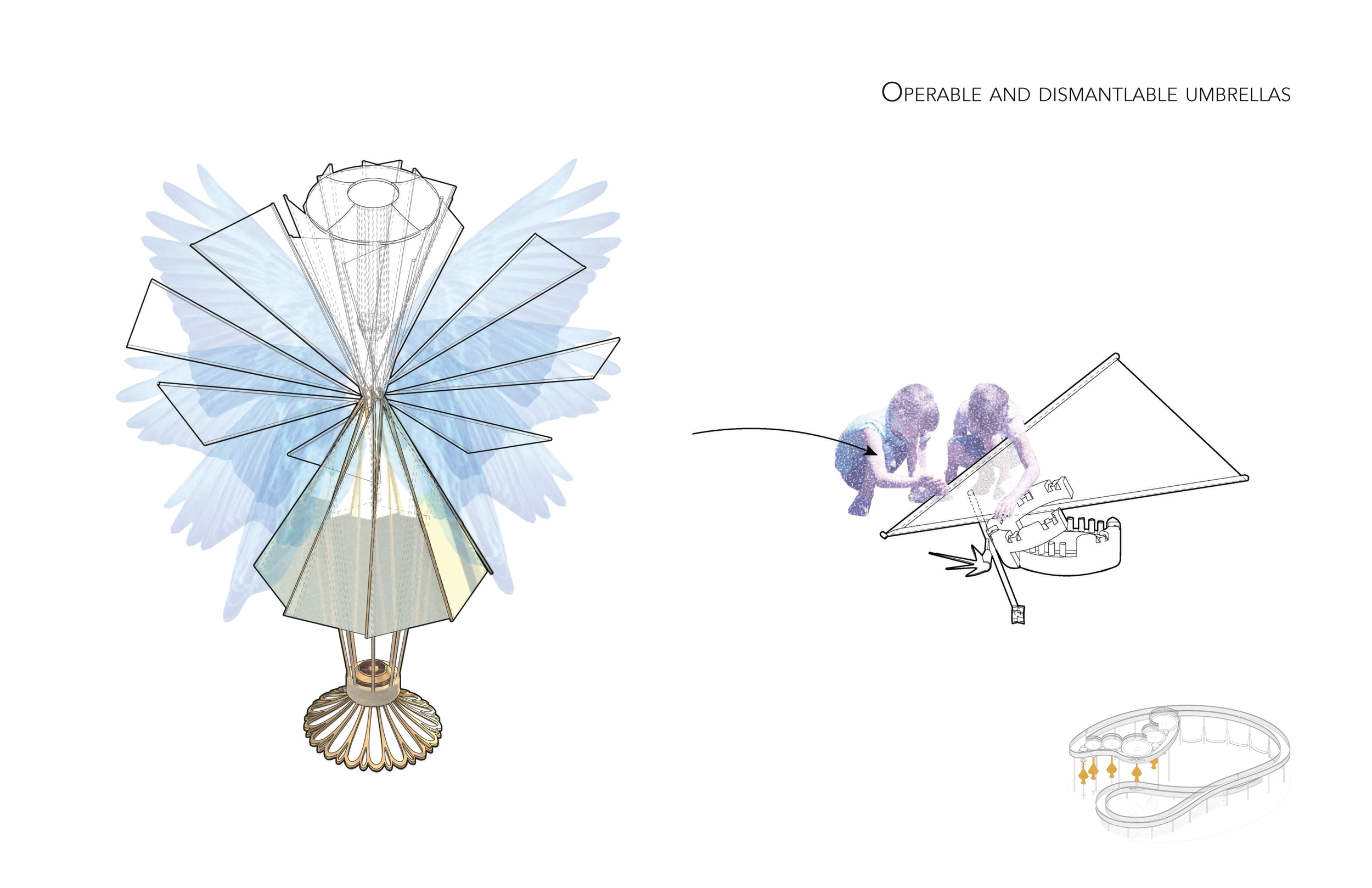 An Operable umbrella opens and closes to modulate wind effects on aeolian wind harp