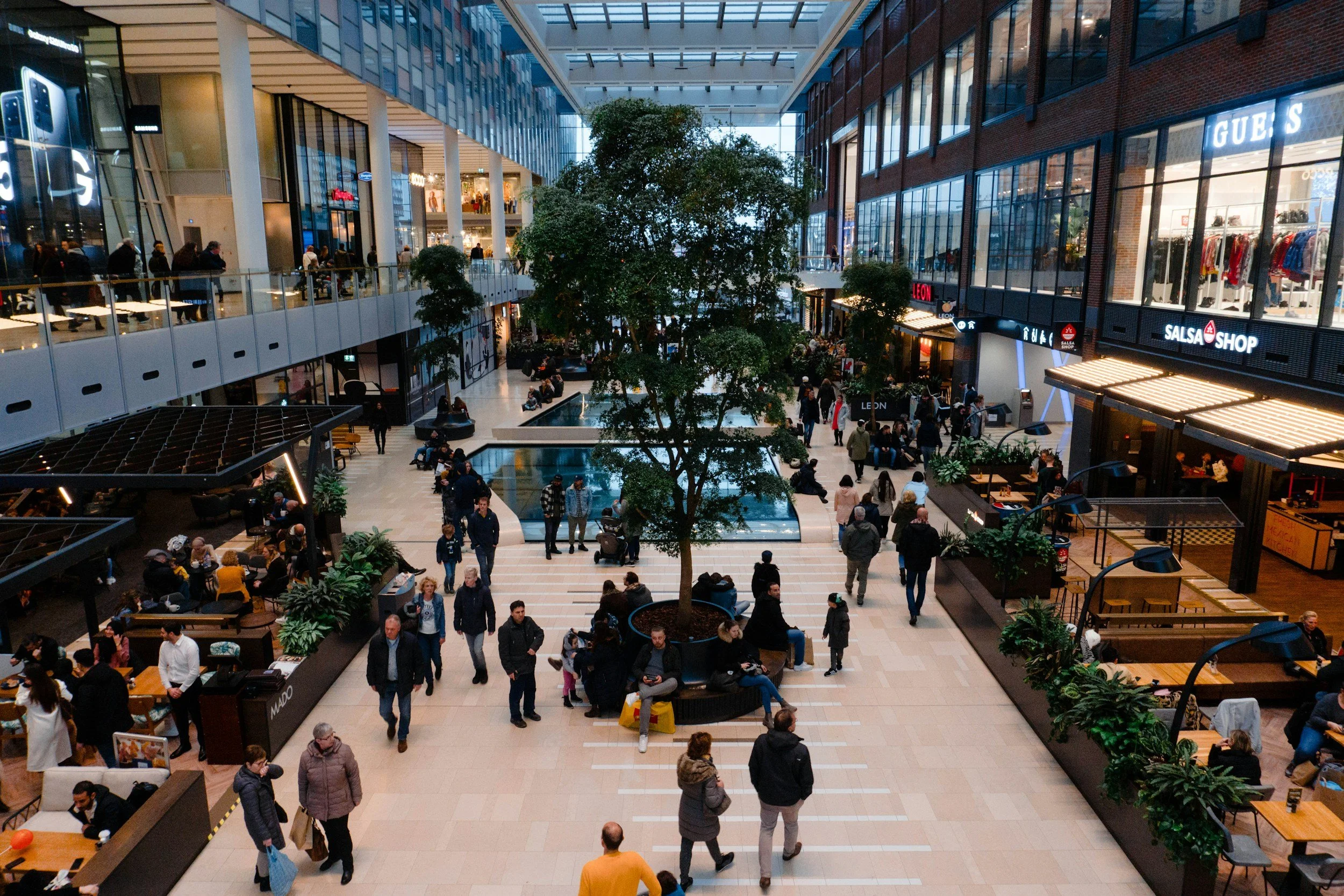 Interior of a modern shopping mall with multiple levels, glass walls, and numerous shoppers walking and sitting around. A large tree is in the center, with cafes and retail stores visible on higher levels.